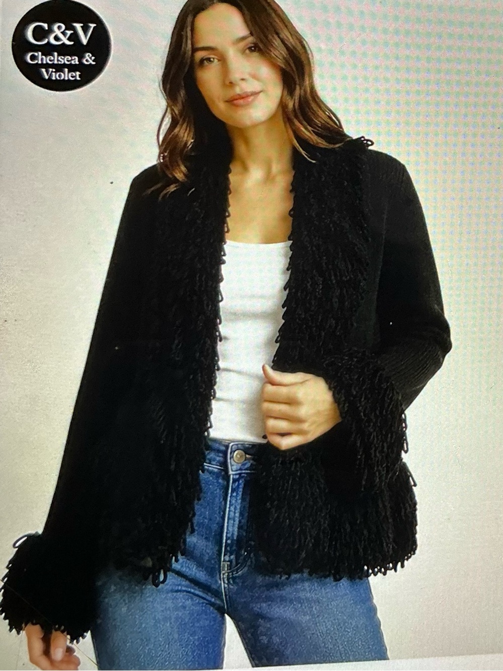 CHELSEA & VIOLET BLACK SHAGGY KNIT FRINGE OPEN FRONT CARDIGAN SWEATER